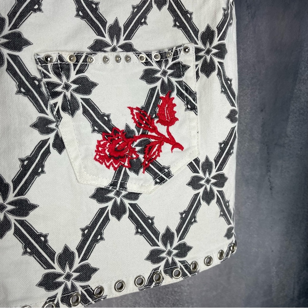 Isabel Marant Denim White Skirt w/Black Lattice Print & Red Embroidery - Picture 5 of 7